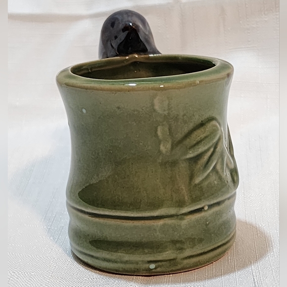 Glazed Pottery with Bamboo Design and Dolphin Handle Tealite Candle Holder - Picture 4 of 8